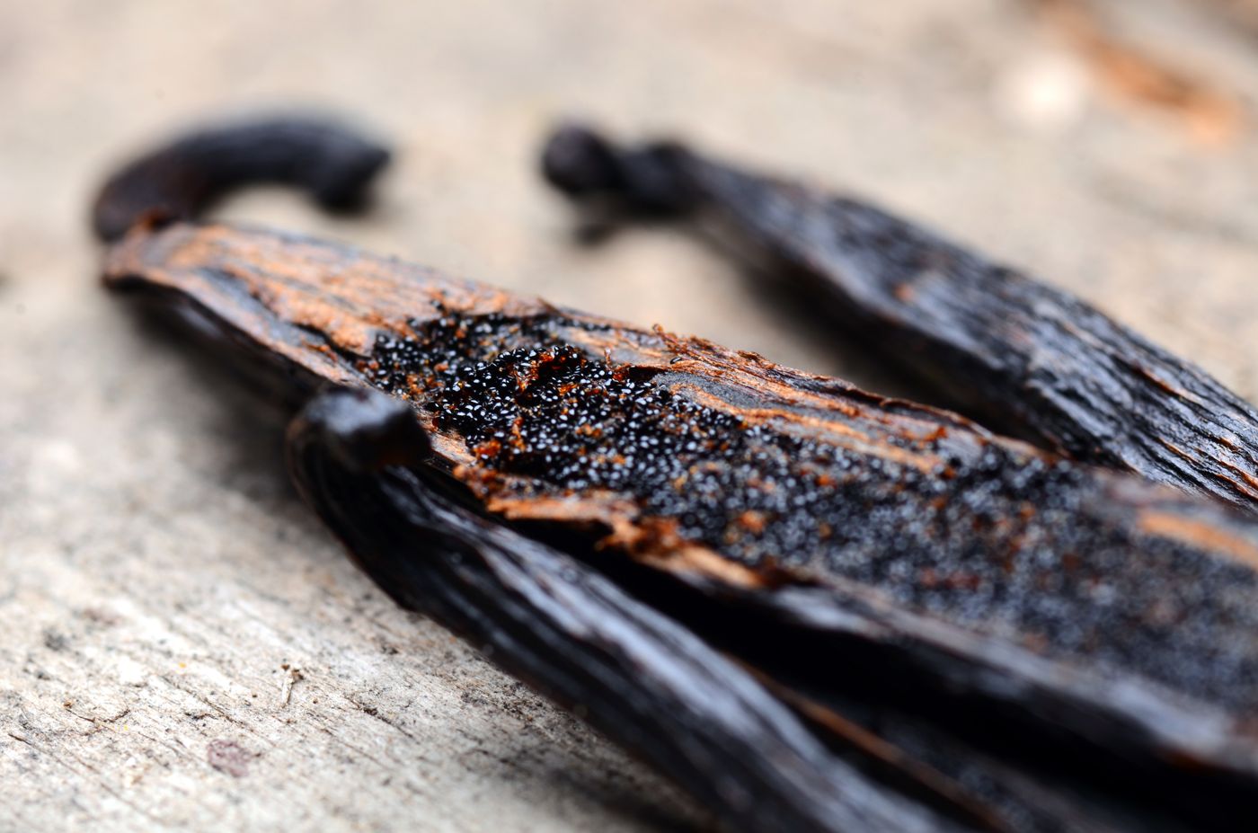 Close-up of a split vanilla pod full of seeds